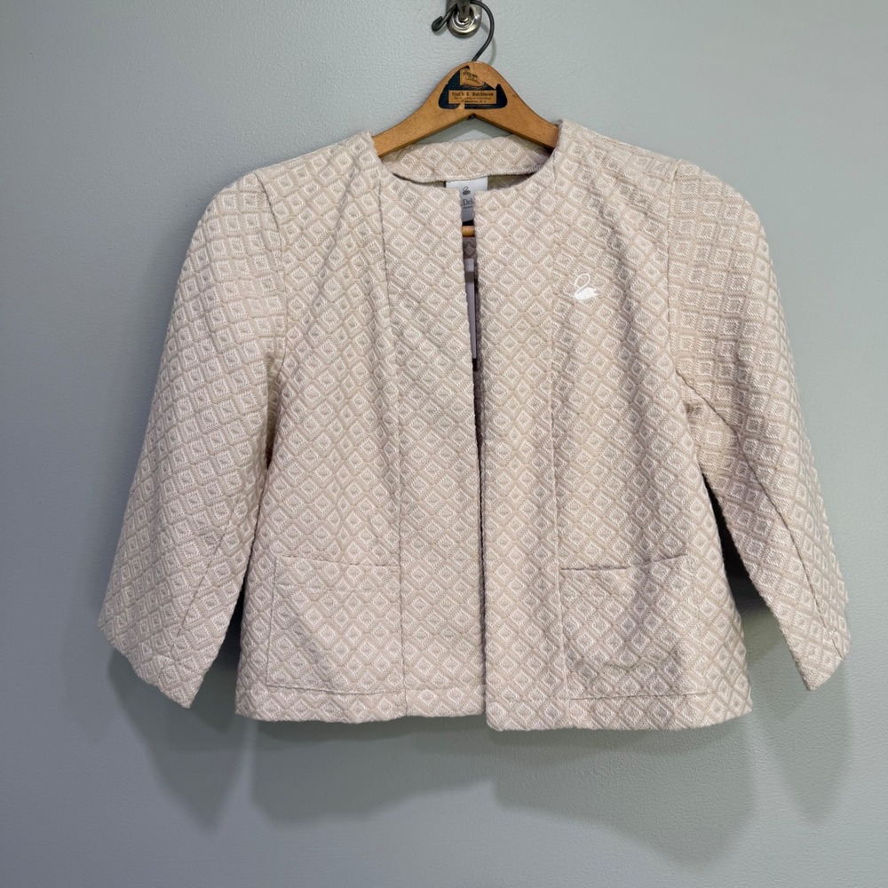 Yves Delorme Kimono blazer Jacket Womens Size M Beige Diamond Pattern Open Front
